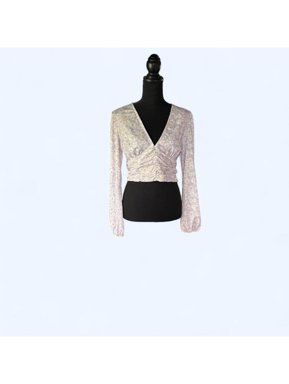 ELODIE Anthropologie Floral Ruched Long Sleeve Blouse, Size L NWT